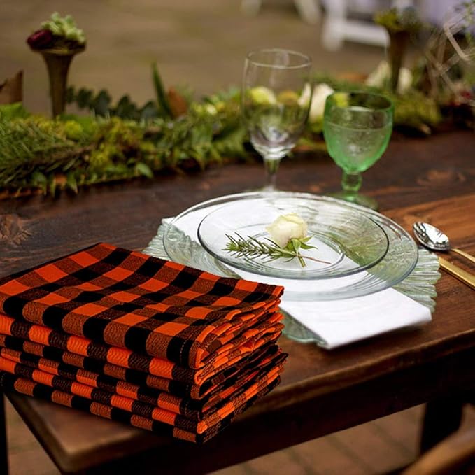 Square Cotton Cloth Napkins in Orange and Black Checkered Pattern