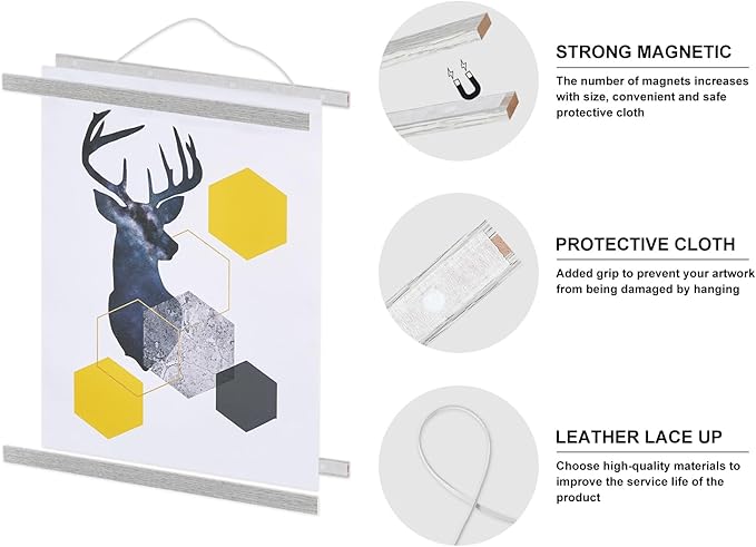 Magnetic Poster Hanger, 11x17 11x14 11x22 Poster Frame Wood Wooden Magnet Print Posters Dowel Scroll Hanger Hangers Hanging Kit for Walls Map Canvas Artwork (Grey, 11")