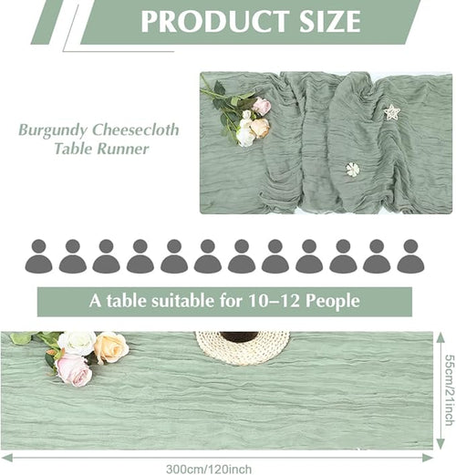 10 Pack Sage Green Cheesecloth Table Runner -21*120Inch Long Boho Wedding Table Decor, Rustic Gauze Fabric Runner for Bridal Showers, Baby Showers & Parties (Sheer, Lightweight, Wrinkled Design)