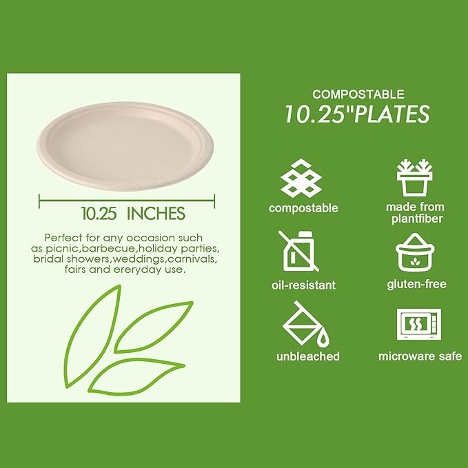 Paper Plates, 150 Count 10-Inch Round Sugarcane Fiber in Natural Tone