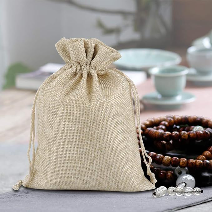 Gift Bags - Cream Burlap Drawstring Favor Bags, 7x9 Inch, Pack of 100