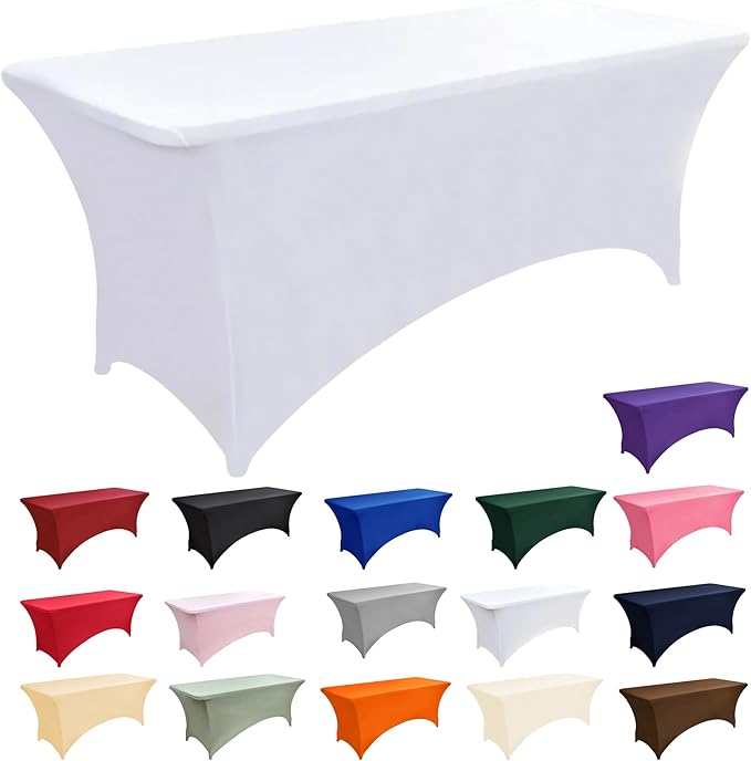6-Pack 4ft White Spandex Table Covers for Rectangular Folding Tables - Wrinkle Resistant Stretch Tight Table Cloths - Ultimate Fitted Table Protector for Parties, Trade Shows, and Wedding
