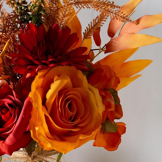 LSEING Fall Flowers Artificial with Vase for Centerpiece,Fake Silk Orange Rose Flower Arrangement in Glass Vase for Home Office Table Decoration (Orange)