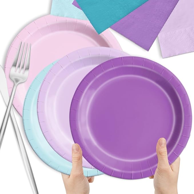 Party Pack Mermaid Paper Plates and Napkins, 150 Pieces in Pink Blue Purple