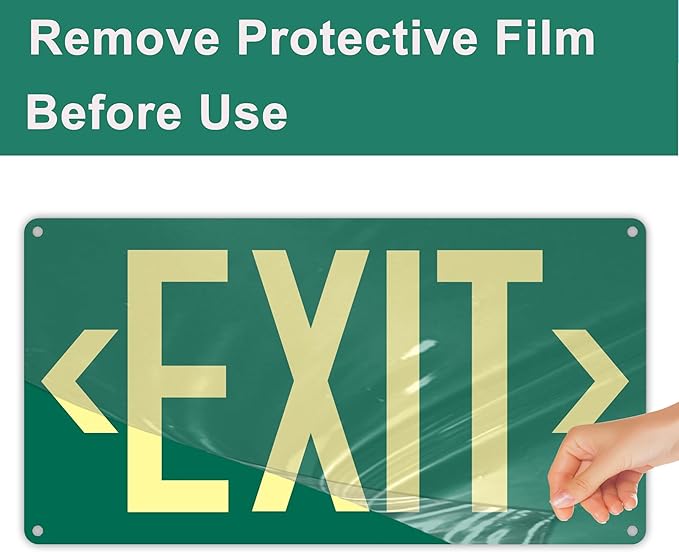 2Pack Photoluminescent Exit Sign Green - 14.25"x 7.5" Aluminum Glow In The Dark- Adhesive Backing- Includes 4pcs Removable Arrows