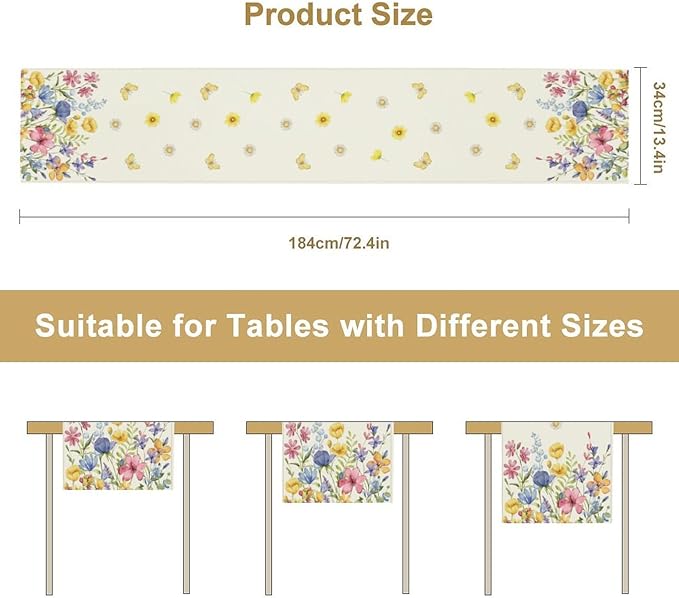 Flower Table Runner, Colorful Watercolor Pink Flower Plants Nature Butterfly Table Runner for Kitchen Dinner Living Room Home Party, 13x36 Inch
