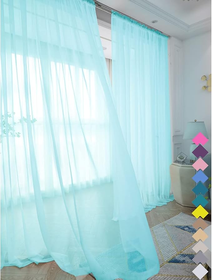 Window Lake Blue Sheer Curtains 48 Inches Width 45 Inches Long 2 Panels Sheer Curtain Clear Curtains Basic Rod Pocket Panel for Home Living Room Bedroom Kids Room Yard Patio Parlor Sliding