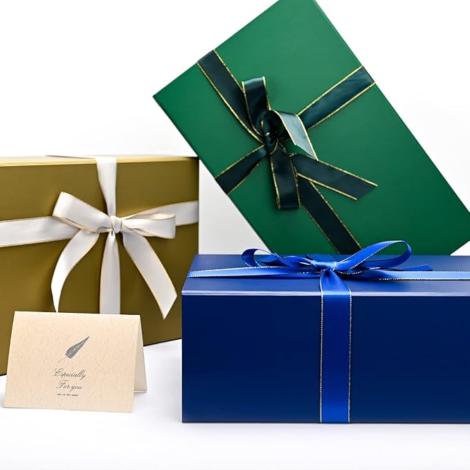 LIFELUM Navy Blue Gift Boxes 2 Pack 13.85 x 8.35 x 4.45 inch, Gift Box for Presents with Ribbon,Card,Shredded Paper Filler Magnetic Closure for Business, Father's Day, Holidays,Birthdays