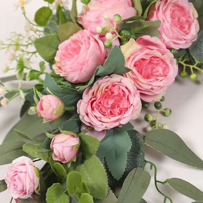 Artificial Flowers Pink Peony Wedding Arch Swag, Green Leaves