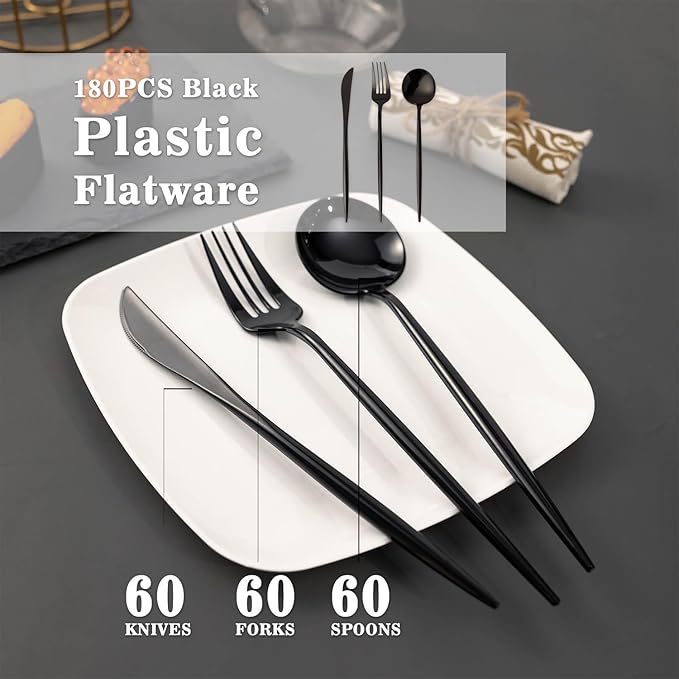 Black Plastic Forks, Knives and Spoons Set, 180 Count, Heavy Duty