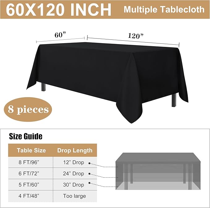 Tablecloths 8-Pack Black Polyester Rectangle Table Covers 60 x 120 Inch