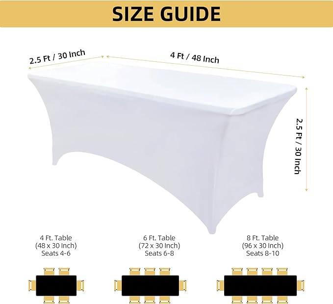 2-Pack 4ft White Spandex Table Covers for Rectangular Folding Tables - Wrinkle Resistant Stretch Tight Table Cloths - Ultimate Fitted Table Protector for Parties, Banquet, and Wedding