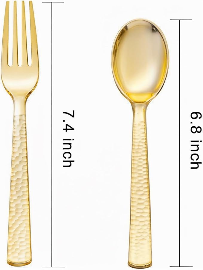 Spoons and Forks Set: 400 Piece Gold Hammered Plastic Cutlery