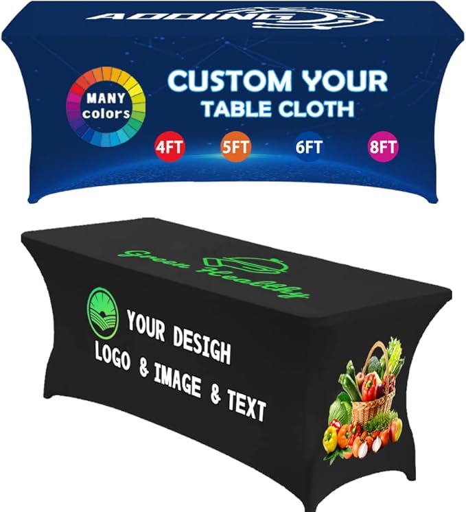 Custom Table Cloth with Business Logo 4FT 5FT 6 FT 8 FT Spandex Customized Table Cover Stretch for Tradeshow Events Birthday Wedding Anniversary Mantel Personalized Table Cloth (5FT)
