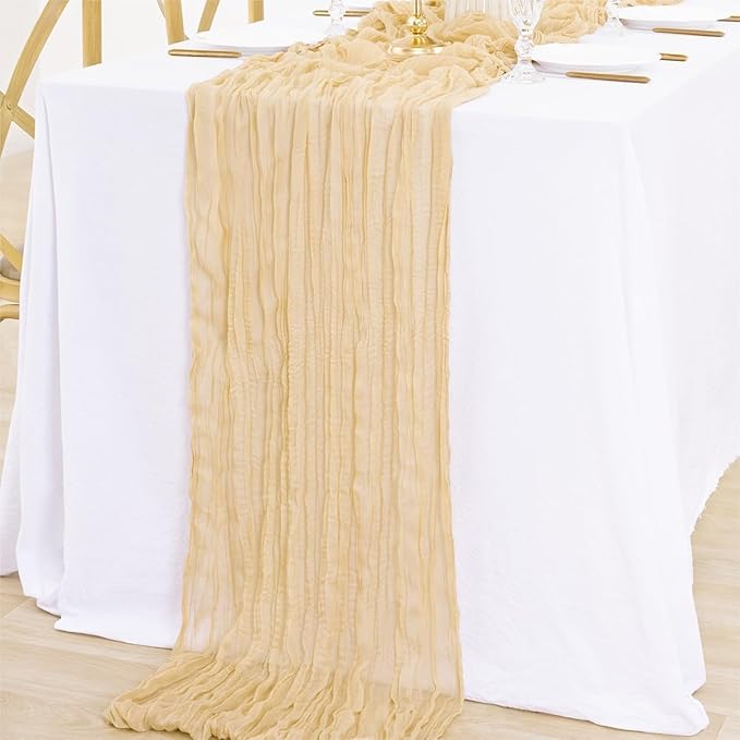 6Pcs Shallow Khaki Cheesecloth Table Runner 120 Inch10FT Champagne Rustic Boho Cheesecloth Table Runnerfor Wedding Party Baby Shower Birthday Home Decor Holiday Decorations