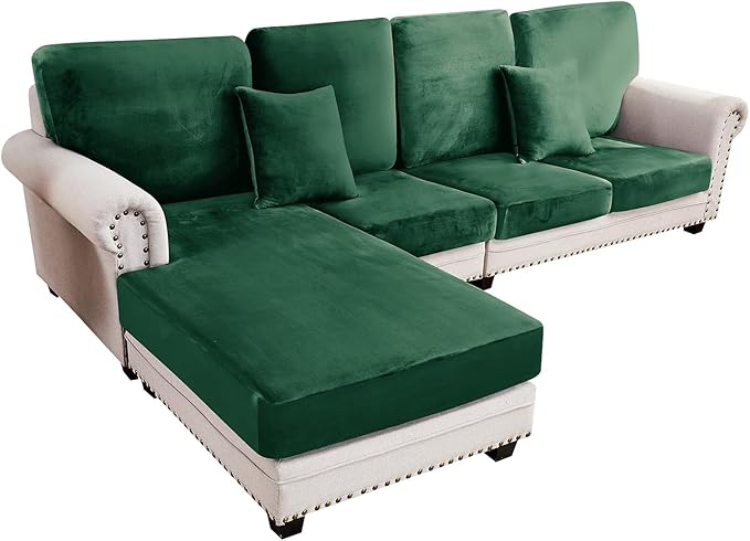 Sofa Slipcovers 4-Piece Stretch Velvet Set, 3-Seater + Chaise Green