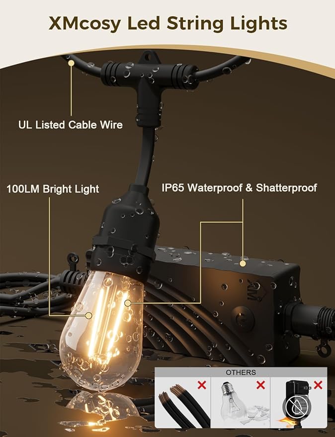 String Lights, Dimmable S14 Edison Bulbs, 2700K Warm White, IP65 Waterproof