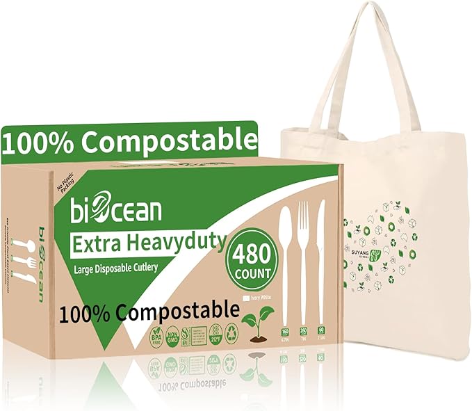 Forks, 480 Count Ivory White Compostable Plant-Based Party Set