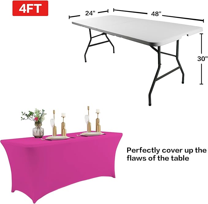 IVAPUPU 2 Pack 4FT Table Cloth for Rectangular Fitted Events Stretch Fuchsia Table Covers Washable Cover Spandex Tablecloth Protector for Party, Wedding, Cocktail, Banquet, Festival