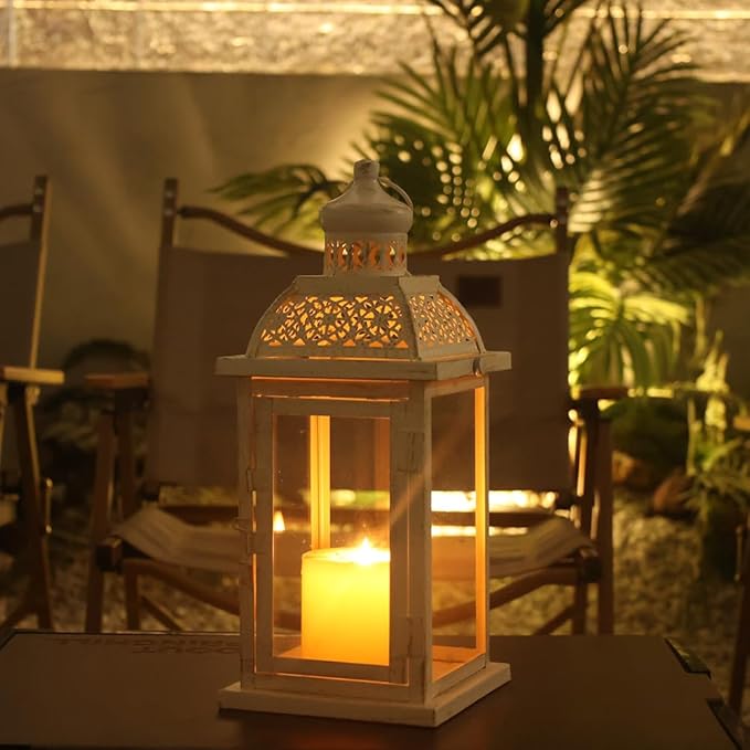 Decorative Candle Lantern, Beige Metal with Glass Panes, Indoor and Outdoor