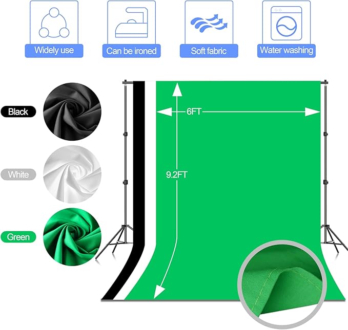 EMART Photo Video Studio Backdrop Stand Kit, 7×10ft Adjustable Photography Support System with Polyester Background(Black/White/Green Screen), Spring Clamps and Carry Bag for Photoshoot