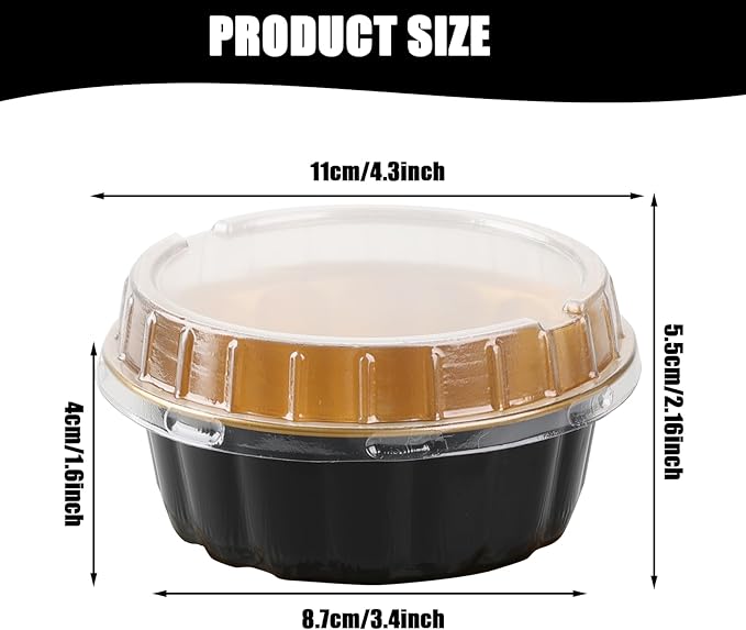 Baking Cups with Lids, 8 oz Aluminum Foil, 100 Count, Black and Gold