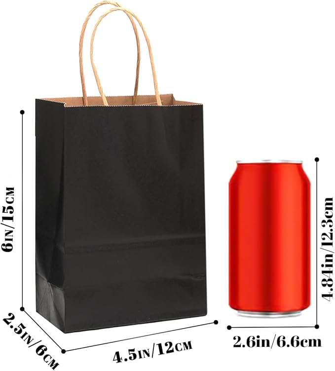Gift Bags, 100 Count Mini Black Kraft Paper Bags with Handles
