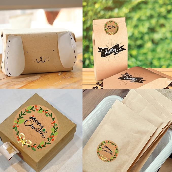 100-1000pcs Custom Stickers Merry Christmas Stickers Personalized Labels Adhesive Xmas Decorative Envelope Seals Stickers for Cards Gift Boxes (Round Kraft -10)