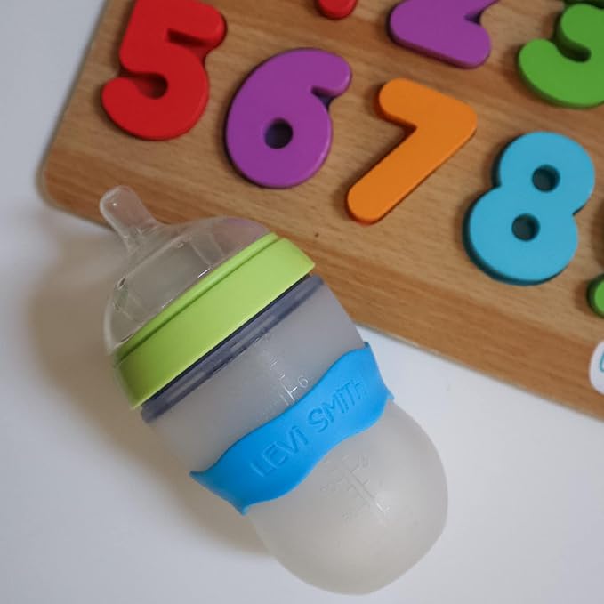 InchBug Orbit Labels - Baby Bottle Name Labels for Daycare, Sippy Cup Bands - Engraved Silicone, Reusable, Dishwasher Safe, White Contrasting Personalization, 4-Pack (Grape Juice)