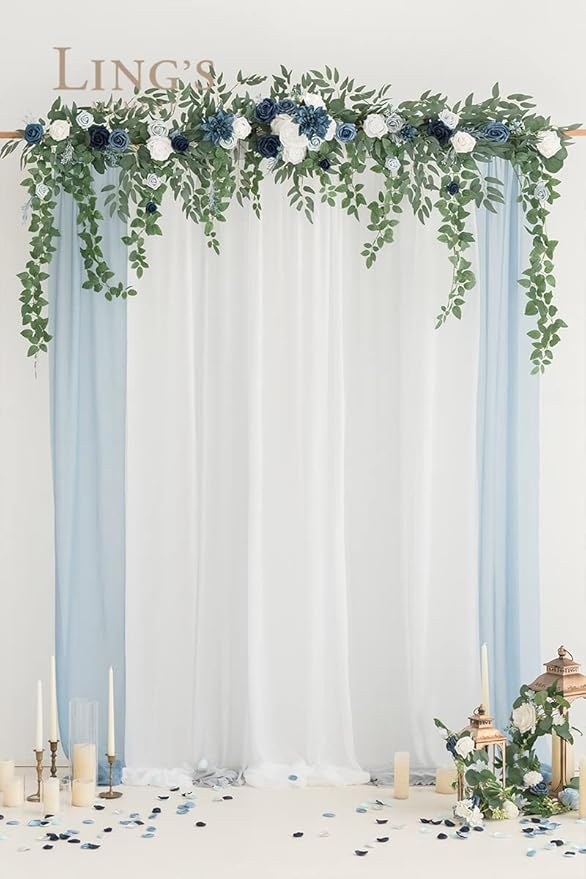 Artificial Flowers Garland, Dusty Blue and Navy Silk, 78 Inch Arch Swag