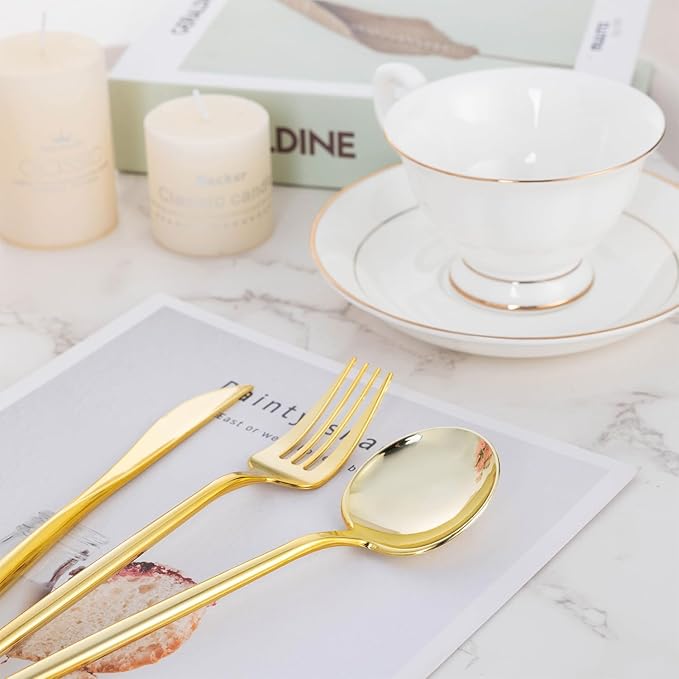 Forks, Knives and Spoons Set: 150 Gold Plastic Pieces, Heavy Duty