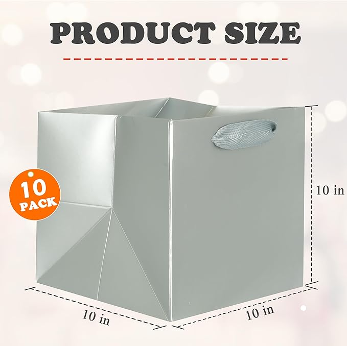 Gift Bags, Silver Laminated Paper with Handle, 10-Inch Square, Pack of 10