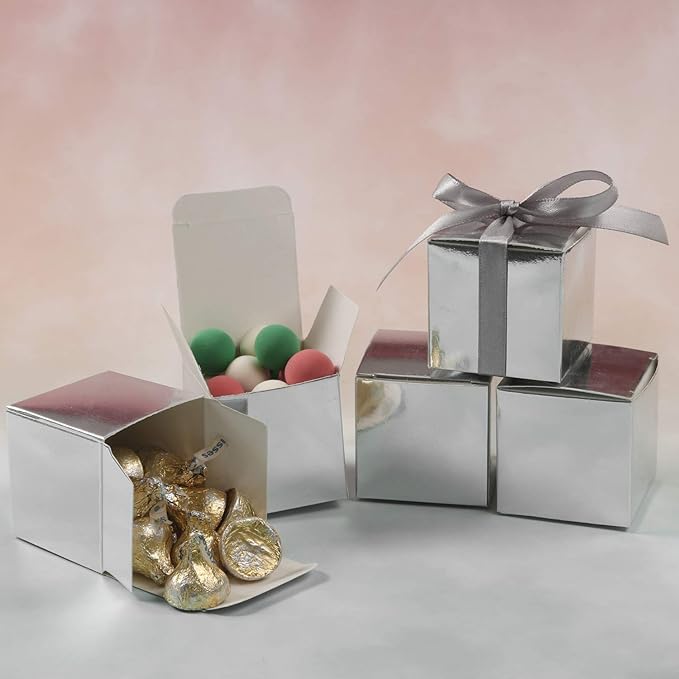COTOPHER 100pcs Small Gift Boxes, Favor Boxes 2x2x2 inches Paper Gift Boxes with Ribbons Candy Box for Wedding Favors Baby Shower Bridal Shower Birthday Party (100 Metallic Silver)