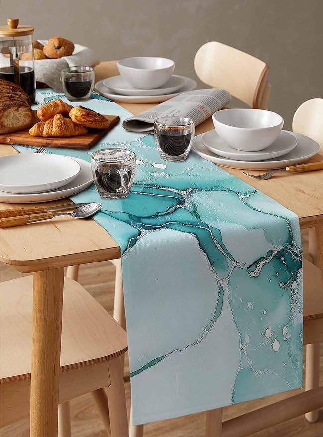 Turquoise Marble Cotton Linen Table Runner for Dining Kitchen, Wedding Outdoor Party Tablerunners Decoration, Nature Marble Crack Country Retro Dresser Scarf Coffee Tablecloth Runners 13x60 Inches