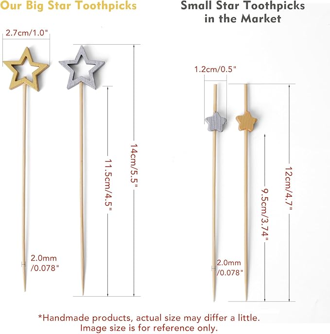 Minisland Big Gold Star Cocktail Picks, 5.5 Inch Long Bamboo Fancy Toothpicks for Appetizers, Decorative Christmas New Year Holiday Party Food Drinks Garnish Fruit Skewer Sticks 50 Counts - MSL430