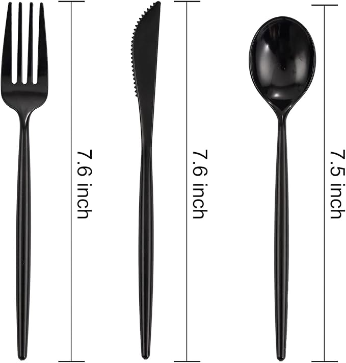Black Plastic Spoons and Cutlery Set, 180 Count with Forks and Knives