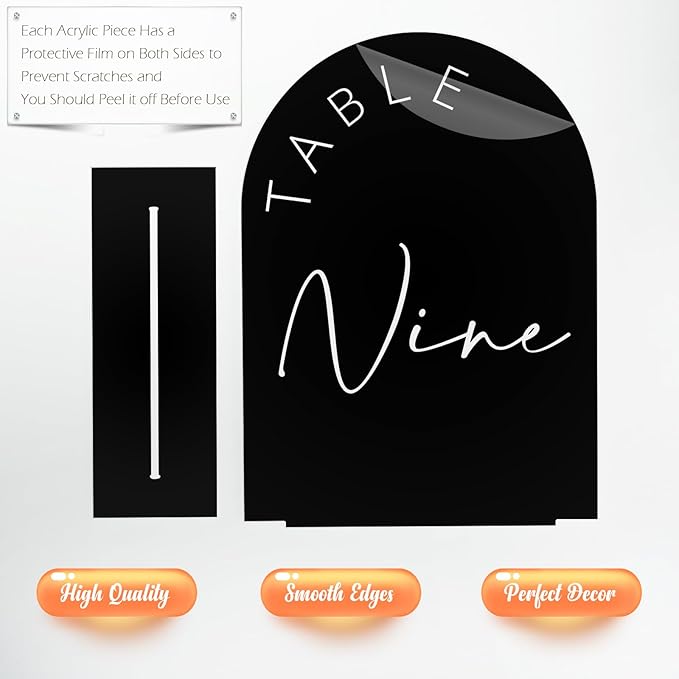 Table Number Signs 1-10, Black Arch Acrylic with Stands, 5x7 Inch