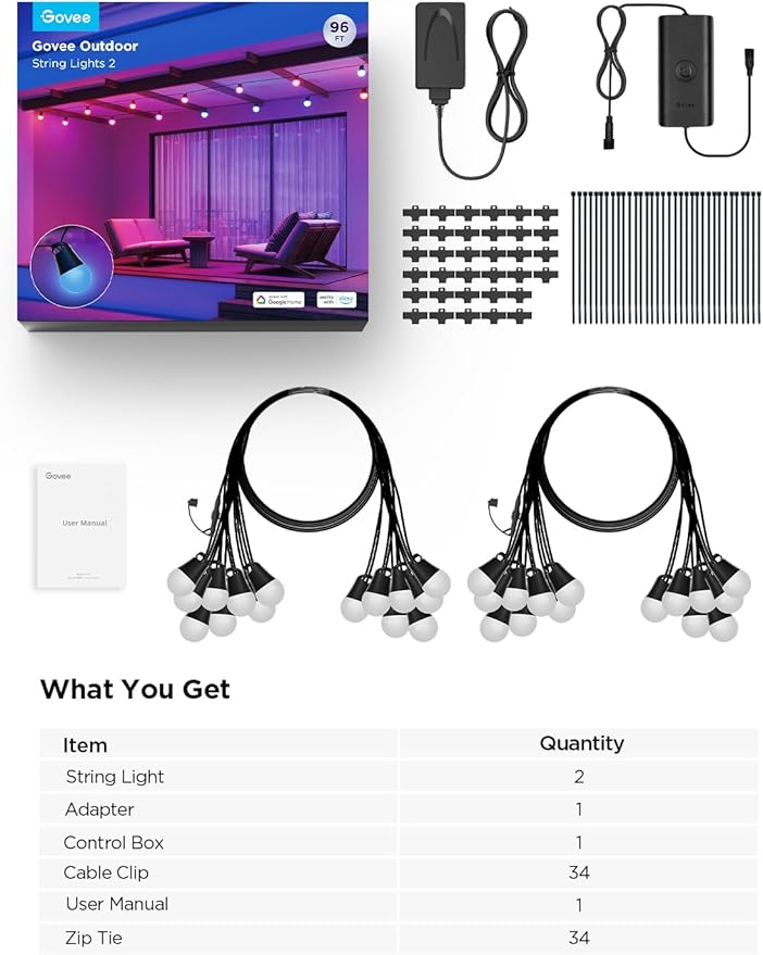 Smart LED Outdoor String Lights, 96ft RGBICW with App Control