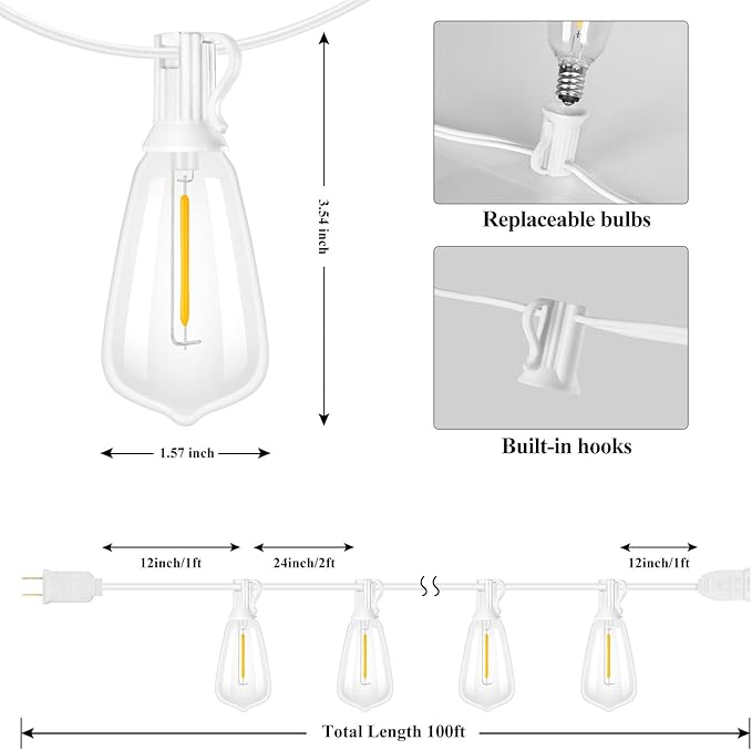String Lights, 100FT Outdoor LED Edison Bulbs, Warm White, 52 Bulbs