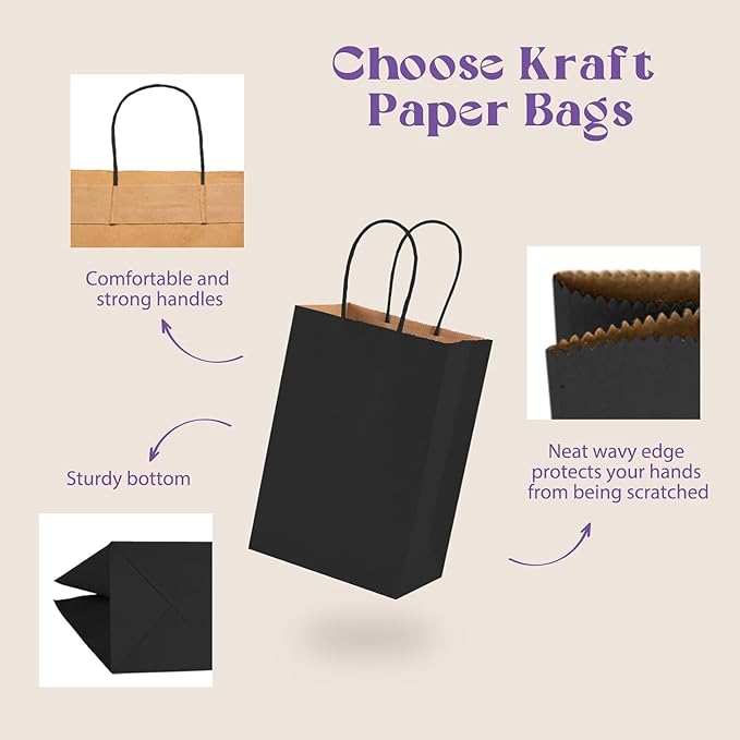 Gift Bags Black Kraft Paper Shopping Bags with Handles, 300 Count