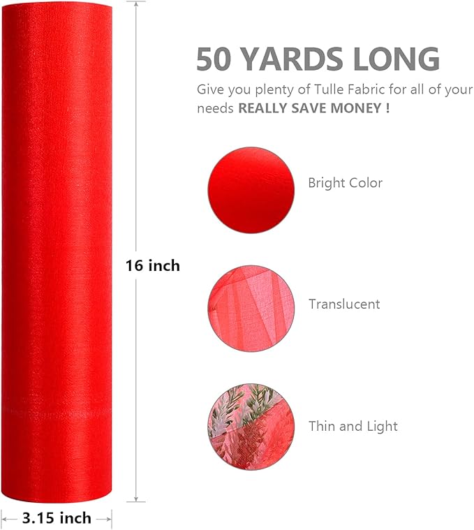 Crystal Organza Fabric Tulle - 16" by 50 Yards Sheer Fabric for Wedding Party Decoration Bridal Shower Tutu Roll Netting Spool Ribbon Wrapping (Red)
