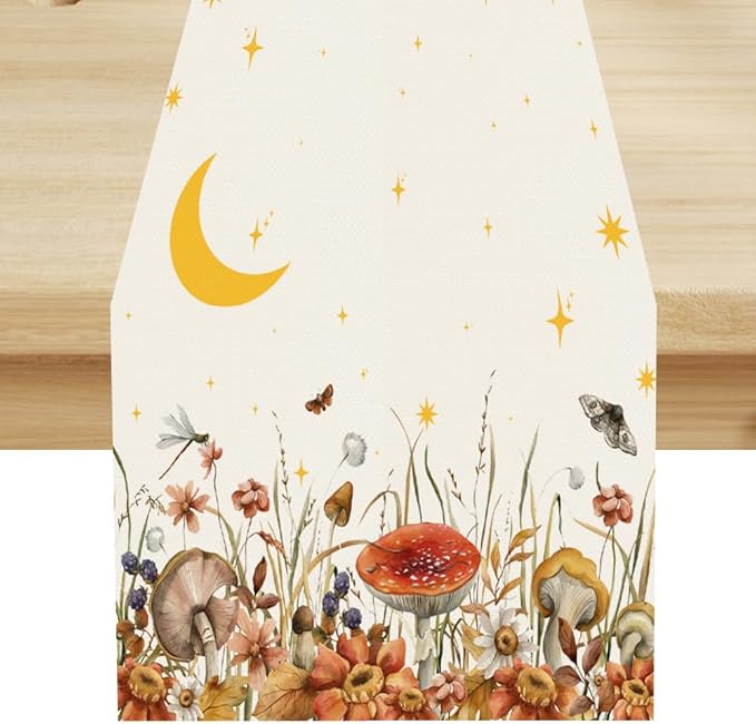 Mushroom Kitchen Table Runner, Gothic Moon Star Plants Witchy Moonlit Flower Butterfly Table Runner for Kitchen Dinner Living Room Drapes, 13x36 Inch White