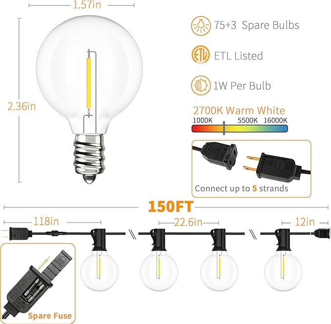 String Lights 150 FT Warm White G40 LED, 75 Shatterproof Bulbs