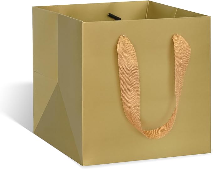 Gift Bags, 12 x 12 Inch Gold Square Bottom Bags with Handles, Pack of 10