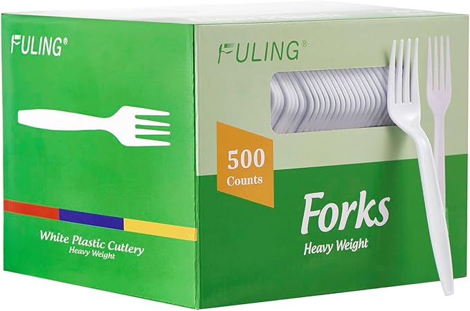 Forks, Heavyweight White Plastic, 500 Count with Cardboard Storage Box