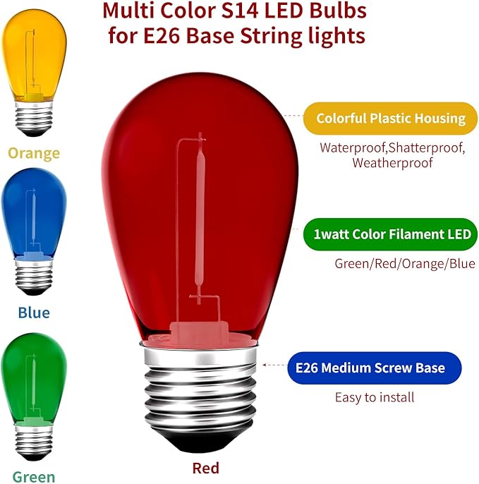 LED Replacement Bulbs 24 Pack S14 Multicolor E26 Base