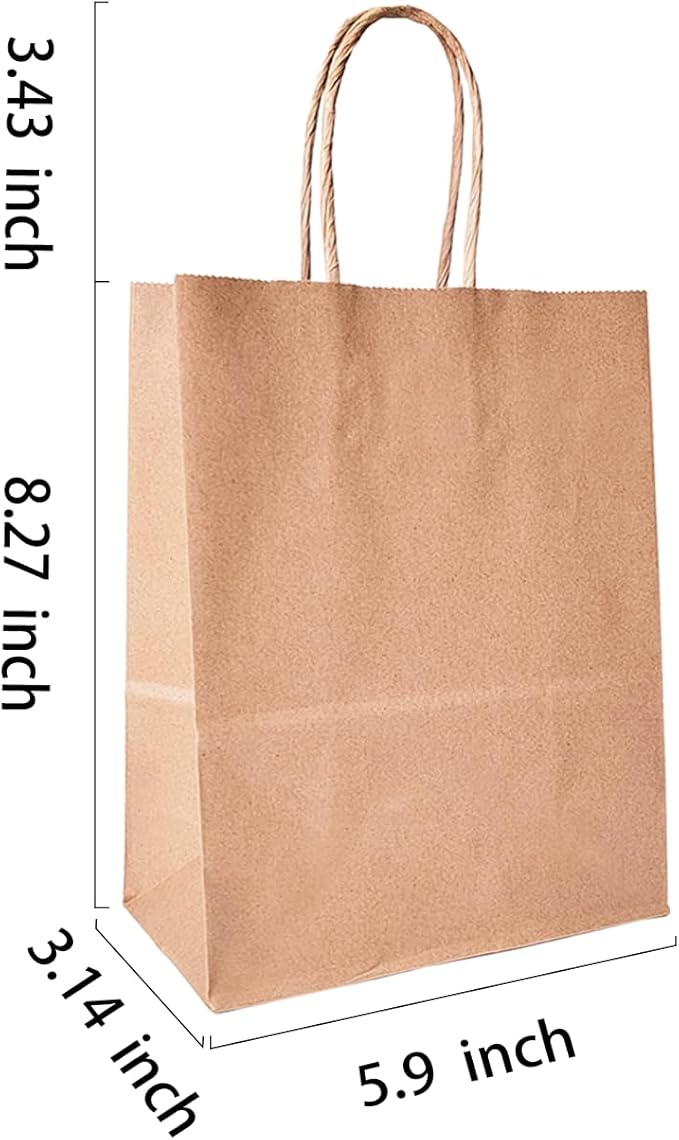 Brown Kraft Gift Bags with Handles, 100 Pack, 5.9 x 3.1 x 8.25 Inch
