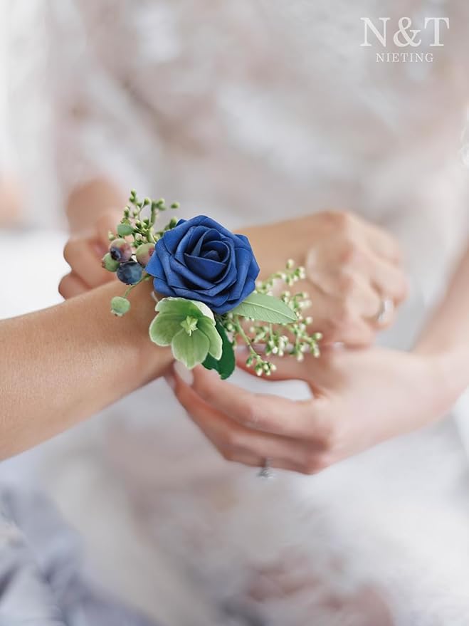 N&T NIETING Artificial Flowers Roses 25Pcs Fake Flowers Foam Roses with Stems for Halloween DIY Wedding Bridesmaid Bridal Bouquets Centerpieces Party Home Decoration Baby Shower, Navy Blue
