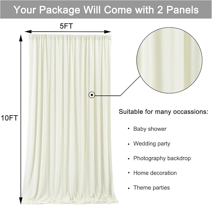 10 ft x 10 ft Wrinkle Free Ivory Backdrop Curtain for Wedding Parties, Polyester Ivory Photo Backdrop Drapes 2 Panels 5x10ft for Baby Shower Photoshoot Engagement Birthday Party Photography Background