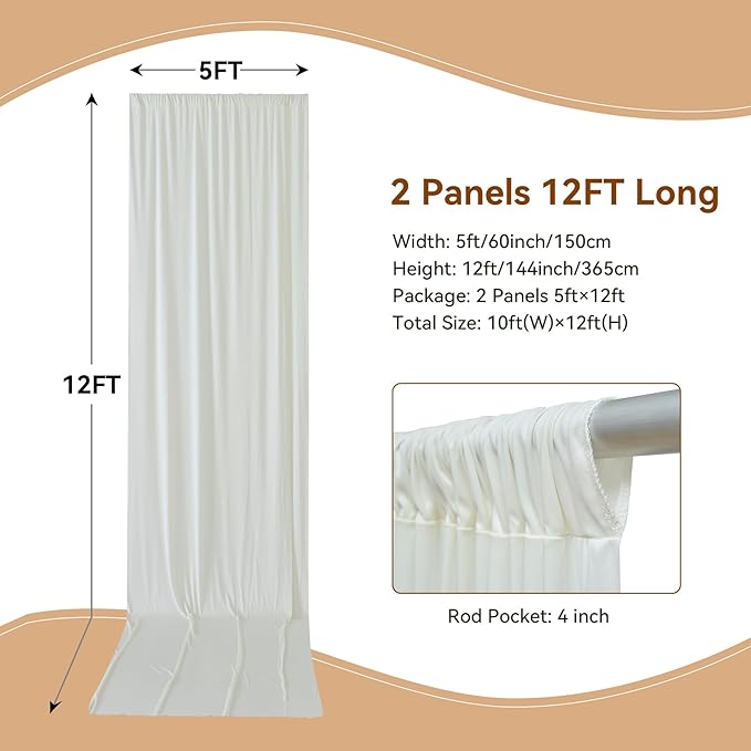 10×12ft Wrinkle Free Ivory Backdrop Curtain for Wedding Parties, 2 Panels 5×12ft Long Soft Silky Polyester Backdrop Drapes Cream Photo Back Drop Curtains for Party Photography Background Cloth